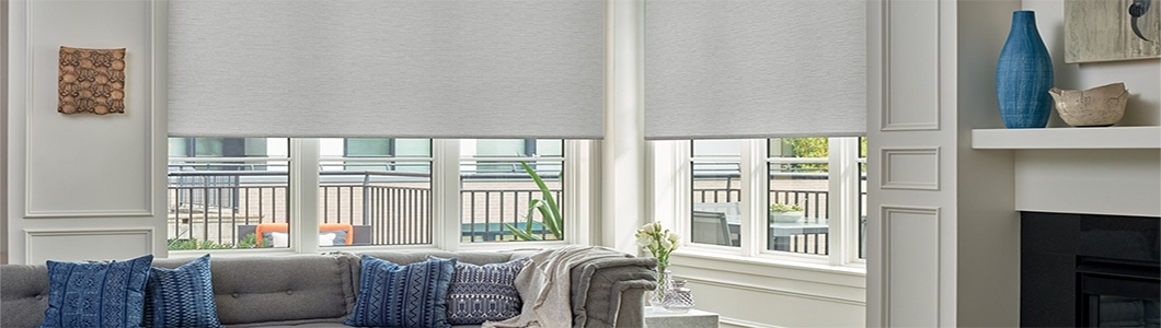Roller blinds in living room in Mantra Cotton